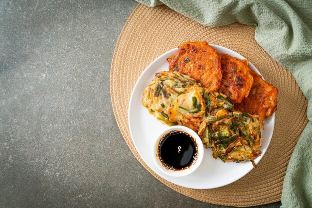 Pajeon or Korean pancake and Korean Kimchi pancake or Kimchijeon Korean traditional food style