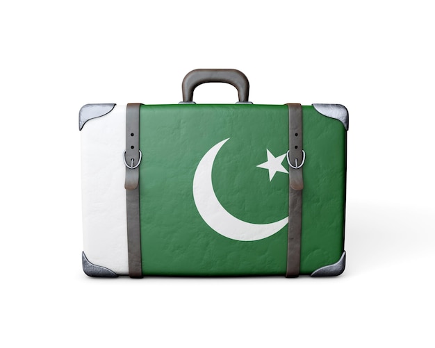 Pakistan flag on a vintage leather suitcase 3D Rendering