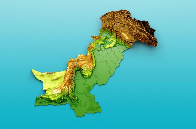 Pakistan Map Shaded relief Color Height map on the sea Blue Background 3d illustration