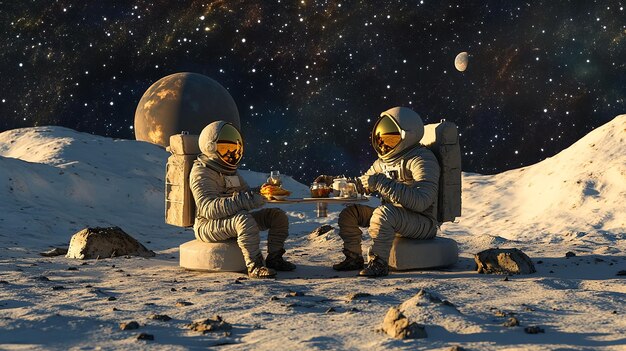 a pakistani cauple having lunch on moon