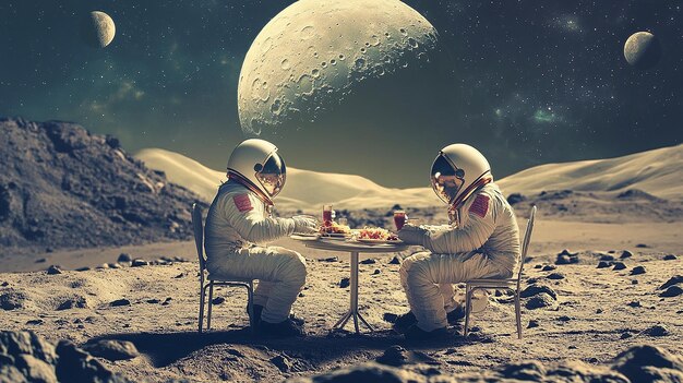 a pakistani cauple having lunch on moon