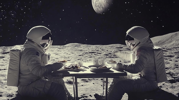 a pakistani cauple having lunch on moon