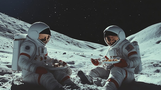 a pakistani cauple having lunch on moon