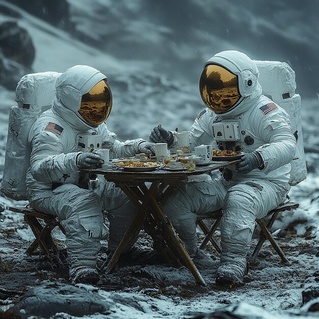 Photo a pakistani cauple having lunch on moon