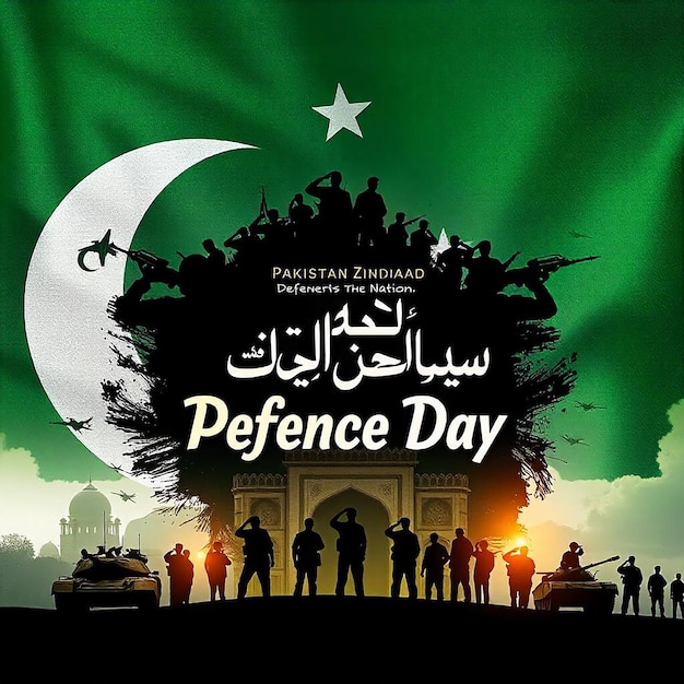 Photo pakistani defence day tribute with battlefield soldiers and urdu slogan