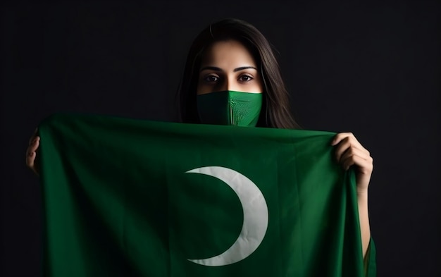 Pakistani girl in mask green color Pakistan flag mask looking at the camera