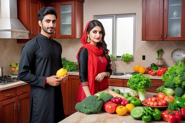 Photo pakistani young couple in the kitchen