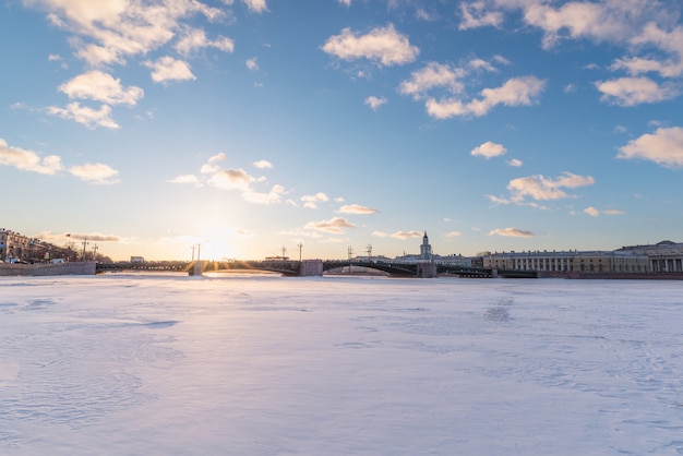 Palace bridge. Neva River. Saint-Petersburg. Russia in winter.