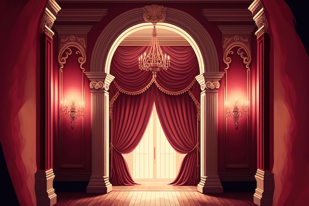 Palace interior background luxurious baroque room magnificent vintage ballroom and marble floor Arch window column chandelier old wooden door red curtain and pillars Interior of a ban