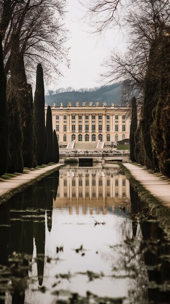 The palace of versailles is seen through a water feature.