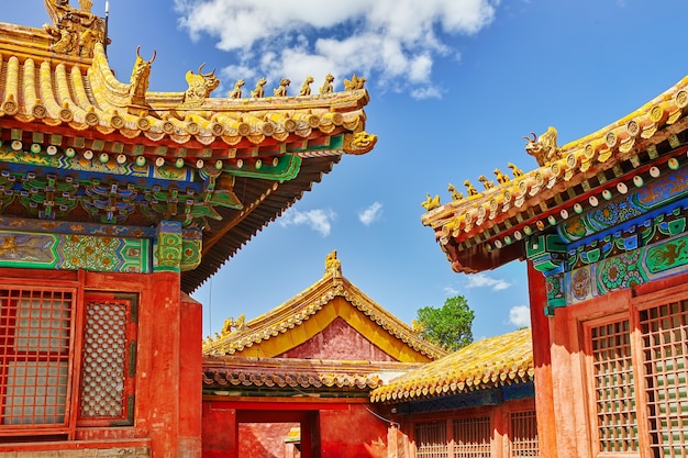 Palaces, pagodas inside the territory of the Forbidden City Museum in Beijing in the heart of city,China.