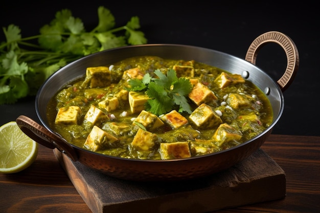 Palak paneer with a sprinkle of fresh dill