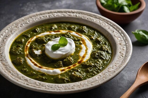 Palak paneer with a swirl of yogurt