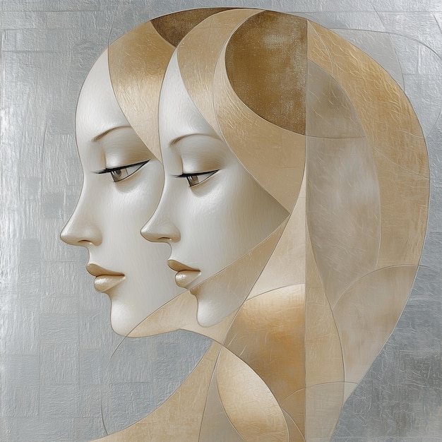 Pale gold abstract shapes and two abstract female faces on a silver background