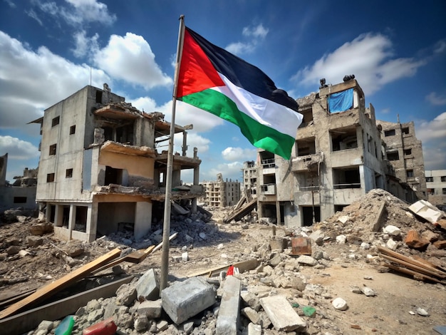 Photo a palestine flag is flying in front of a building with a blue sky in the background