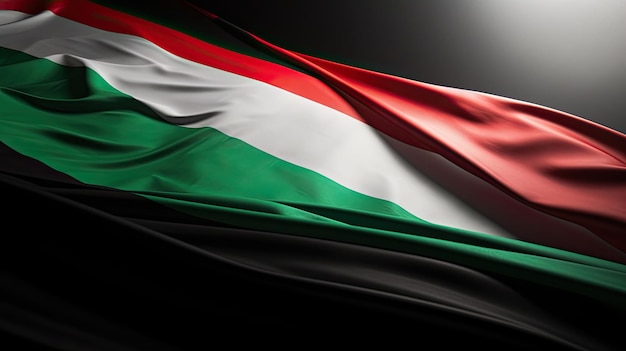 Palestine flag wave in silk cloth wide view with light reflection