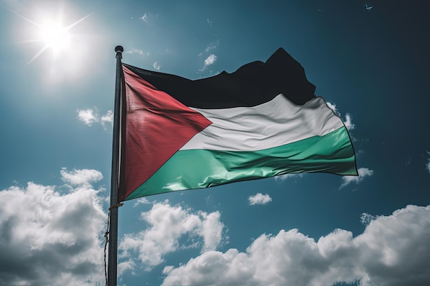 The Palestine flag waving in the breeze against a clear blue sky with a few fluffy white clouds a feeling of hope and peace