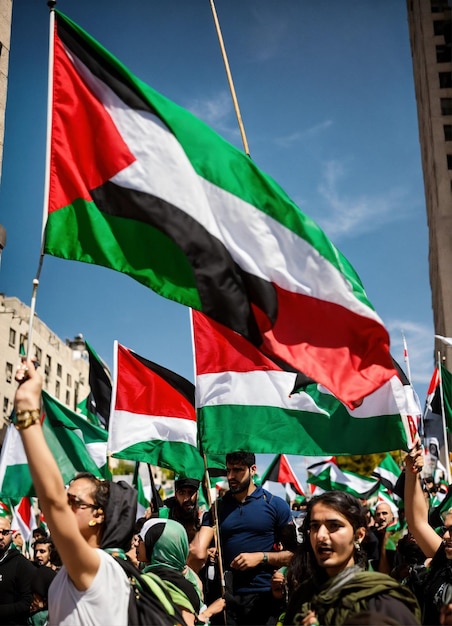 Palestine protesters with flags in u s background