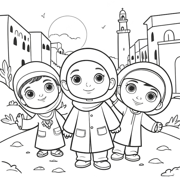 Palestinian children line art white background