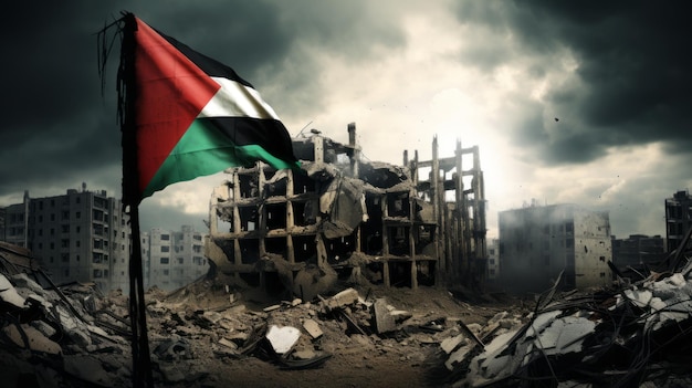 Palestinian flag with destroyed city