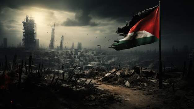 Palestinian flag with destroyed city