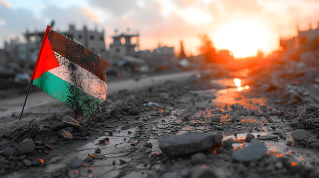 Palestinian flags in the rubble demonstrating resilience and spirit amidst challenges