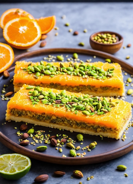 Photo palestinian kanafeh slice orange color with pistachios on top