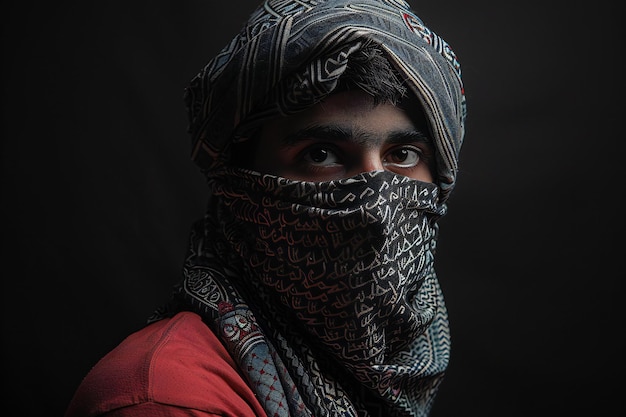 Photo a palestinian man wearing a keffiyeh with a black background and arabic pattern covering his face an