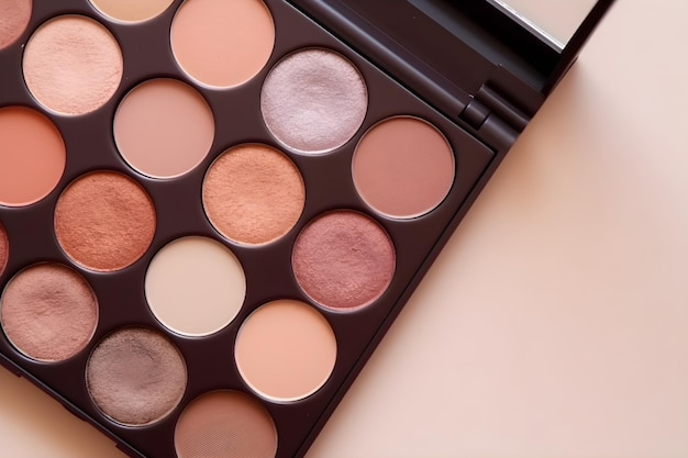 A palette of makeup is displayed on a pink background.