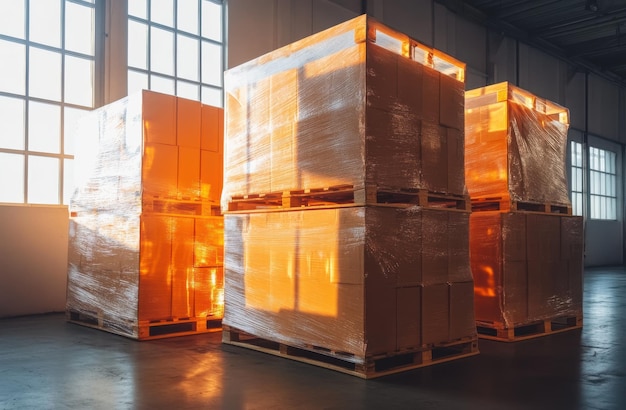 Photo pallet of boxes with orange and white labels on them stacked high in the warehouse