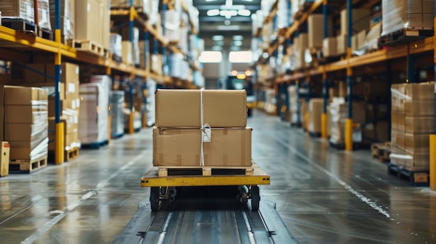 A pallet jack carrying a stack of boxes moves through a large warehouse The warehouse is full of shelves and boxes