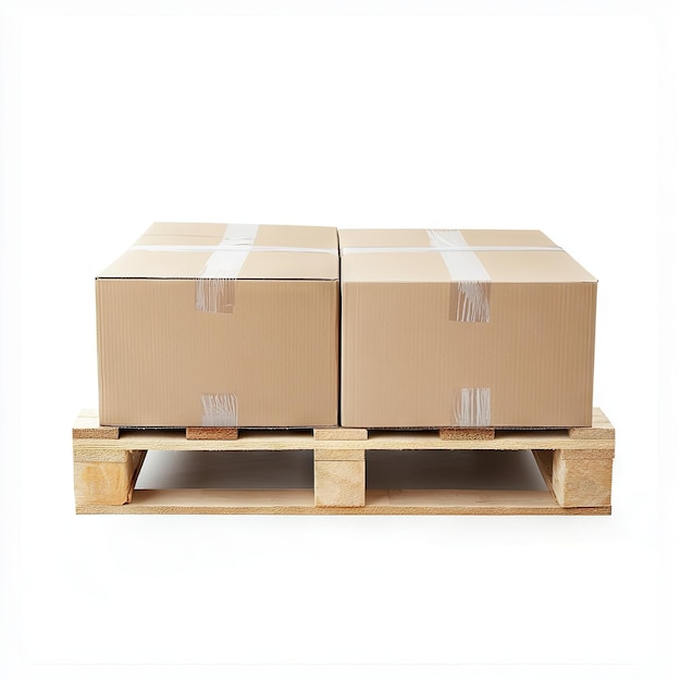 Photo pallet with cardboard boxes isolated on white background