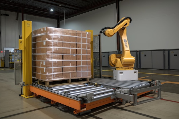 Palletizing robot lowering wrapped and secured pallet to ground level created with generative ai