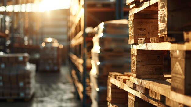 Pallets of goods foreground focus warehouse blur noon light technology style close up ar 169 Job ID 7e5e5c223d754ca0b0e36fd21507e578