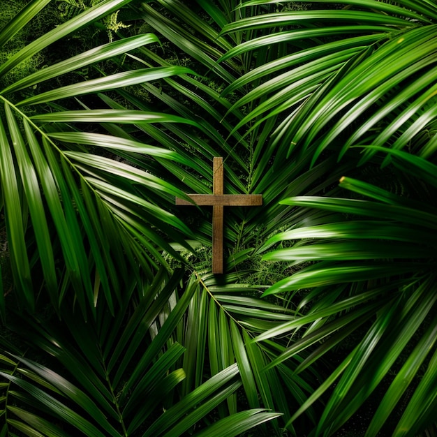 Palm cross and palm leaves Palm sunday and easter day concept