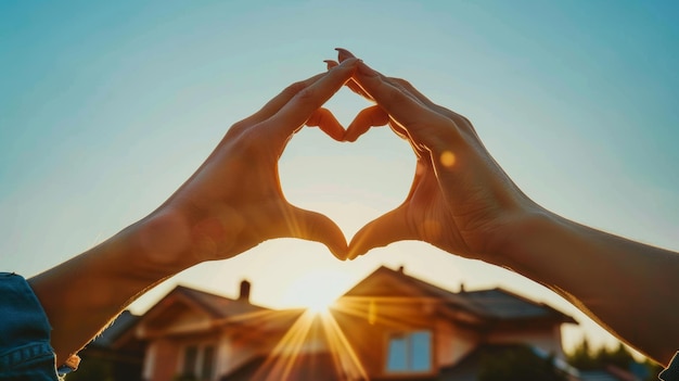 Palm hands crafting heart roof symbolizing love home real estate and family connection