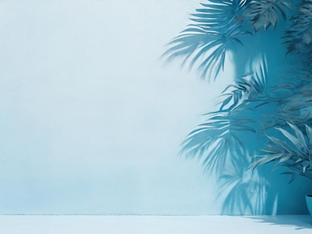 Palm leaf shadow blue wall summer background