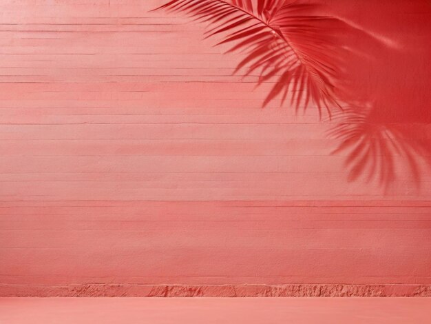 Palm leaf shadow light red wall summer background