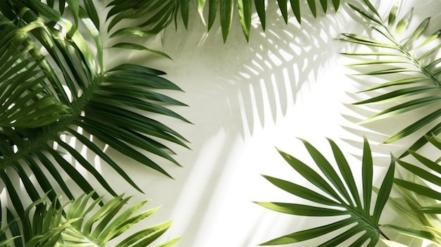 Palm leaf shadow overlay effect background with tropical leaves shadows White background flat lay top view 3d render generative ai