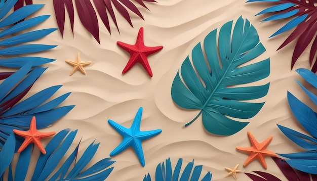 palm leaf and starfish on sand beach background 2