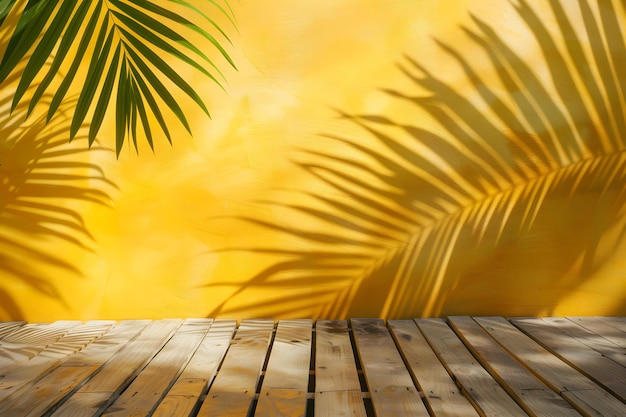 Photo palm leaf with shadow on the light yellow wall background natural light summer wallpaper