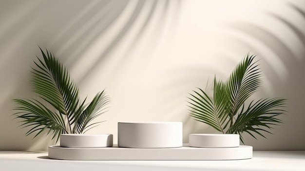 Palm leaves graceful three round ai generated stage podium mockup