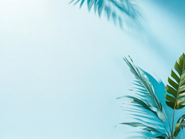 Palm leaves on a light bluegreen background toned template for text panorama with copy space