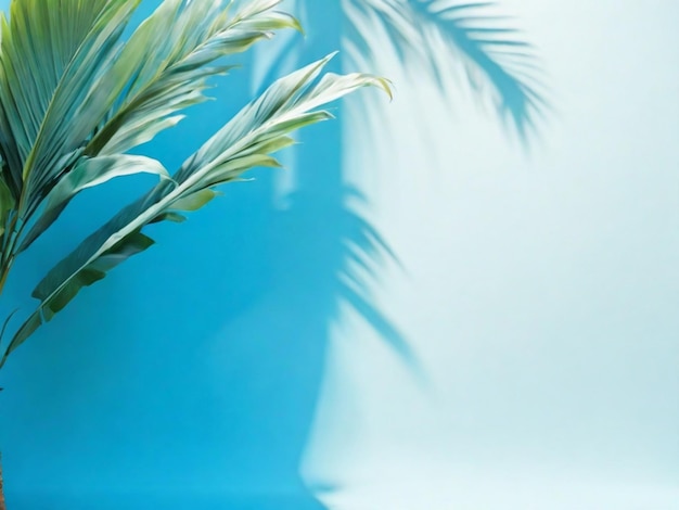 Palm leaves on a light bluegreen background toned template for text panorama with copy space