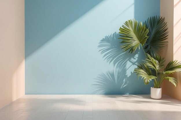 Palm leaves shadow on blue wall background and beige pastel floor Summer tropical beach background Empty room for product presentation Minimal concept