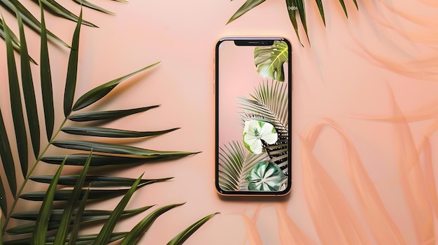 Palm Leaves and Smartphone with Tropical Wallpaper