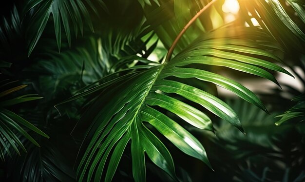 Palm leaves wallpaper Sunny tropical background For banner postcard book illustration card Created with generative AI tools