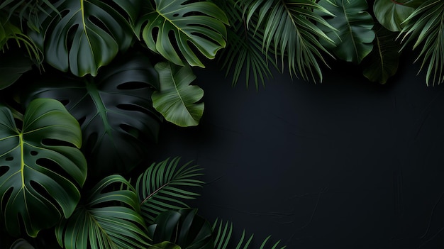 Palm and monstera plant leaf on black surface of product mockup background