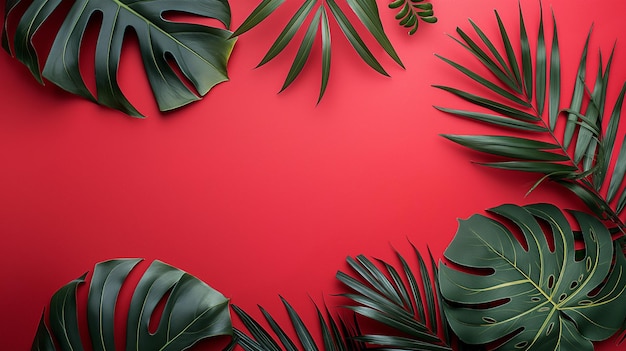 Palm and monstera plant leaf on red surface of product mockup background