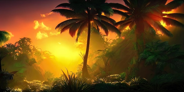 Palm neon forest jungle at sunset Unreal forest Beautiful neon fantasy landscape 3D illustration